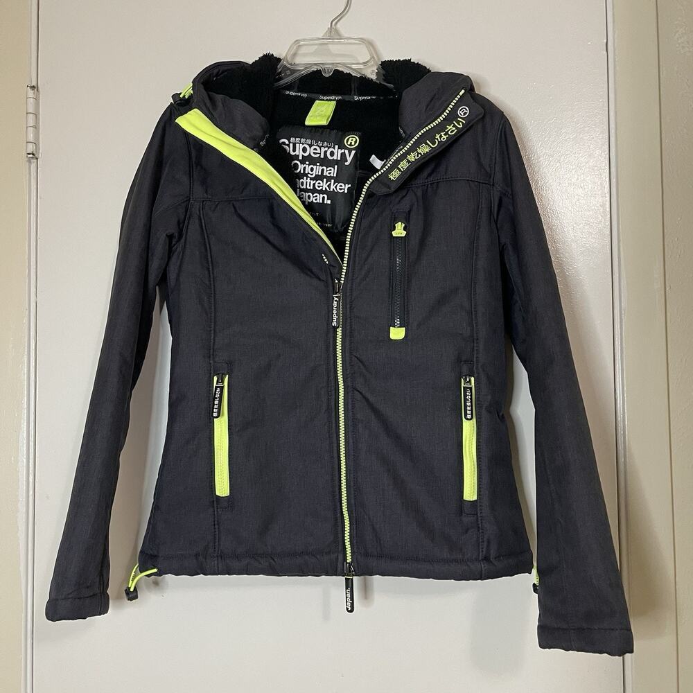 Superdry Windtrekker Jacket full zip hooded gray fleece lined outdoor medium